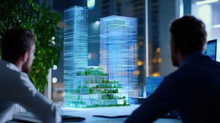 Fototapeta premium Innovative architectural design featuring digital model of skyscrapers with greenery, showcasing modern urban planning and creativity