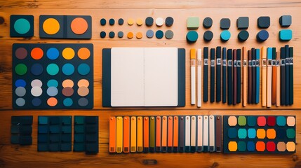 Flatlay Mockup of Zine Folding Guides and Color Swatches on Wooden Table