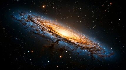 Fototapeta premium a vivid cosmic wave of color rippling through a dark galaxy, illuminated with prismatic hues, energy particles suspended mid-space, nebula fragments, subtle glowing dust trails