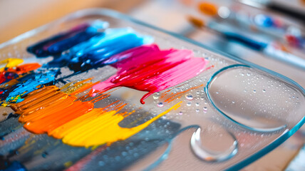 Fototapeta premium Artistic arrangement of vibrant paint streaks on a transparent glass palette close up, evoking creativity and inspiration in an artistic workspace.