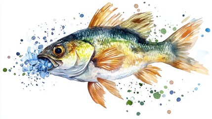 Fototapeta premium Fish ingesting plastic particles showing food chain effects and ecosystem concern : Microplastic in Ocean Ecosystem Research 