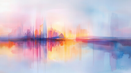 Fototapeta premium Vibrant city skyline reflected in calm water, showcasing soft pastel colors and dreamy atmosphere. scene evokes sense of tranquility and wonder
