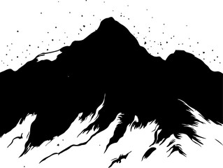 Black and white silhouette of a majestic mountain range with sharp peaks and rugged slopes, rendered in a bold, minimalistic vector style. 