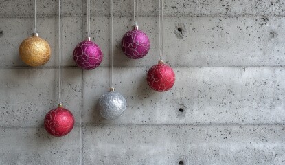 Colorful festive baubles against a concrete wall.