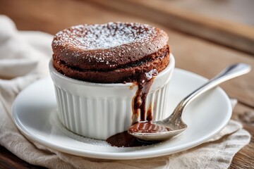 Decadent chocolate souffl&eacute; oozing with rich filling.