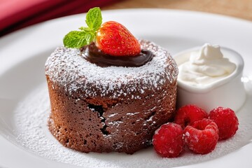 Delicious chocolate fondant with berries and cream.