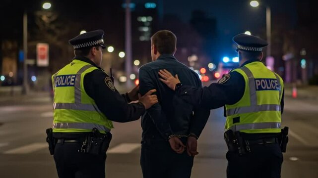 Police Officers Making Arrest in Urban Environment at Night
