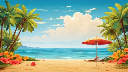 Beautiful tropical beach scene with palm trees ocean and umbrella on a sunny day