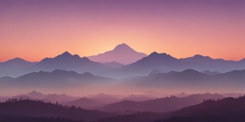 Obraz premium Misty mountains, ombre sunset sky, gradient colors, ethereal, sunset, majestic