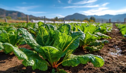 Lush green chard plants growing in a sunlit garden.