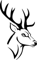 A bold black and white vector illustration of a deer head with large antlers, designed in a minimal yet expressive style.