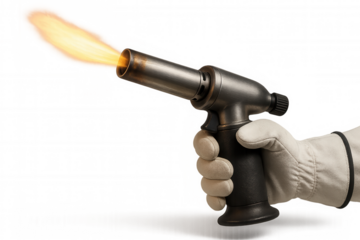 A hand in a protective glove holding a lit blowtorch with a visible flame on transparent background.