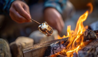 Person roasting marshmallow over campfire flames.