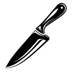 A black and white illustration of a sharp kitchen knife with a handle