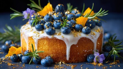 Elegant cake with blueberries and gold flakes on a dark background.