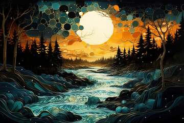 Obraz premium Mystical Night Landscape: Dreamy River and Forest Under a Vibrant Moonlit Sky with Colorful Reflections