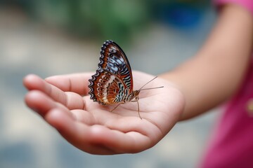 Child gently holding a vibrant butterfly.