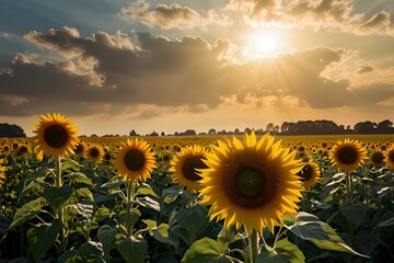 sunflower field with blue sky Vibrant Summer Landscape with Blooming Yellow Flowers and Fluffy White Clouds, Picturesque Nature Photography for Seasonal Decor