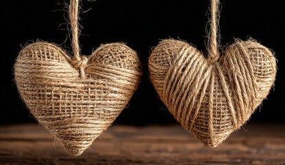Two rustic burlap hearts hanging against a black backdrop.