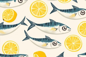 Obraz premium baby apron design with smiling sardines and lemon slices, seamless pattern, soft colors