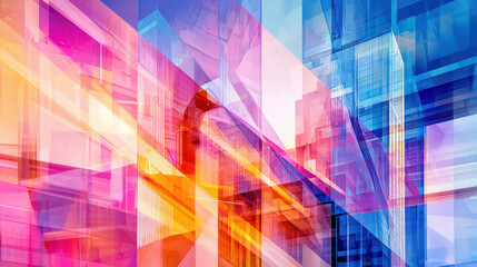 Vibrant abstract cityscape with colorful geometric shapes and reflections, creating futuristic atmosphere