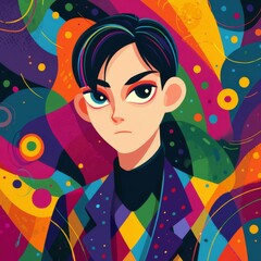 Portrait of a Serious Young Asian Man Against Colorful Abstract Background