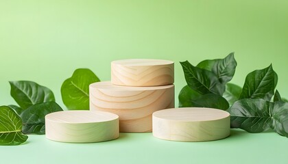 Three light beige wooden podiums surrounded by fresh leaves on a pale green backdrop.