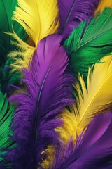 Fototapeta premium Vibrant Mardi Gras Feathers Close Up Overhead Shot Celebration Carnival Culture New Orleans Louisiana Party Decoration
