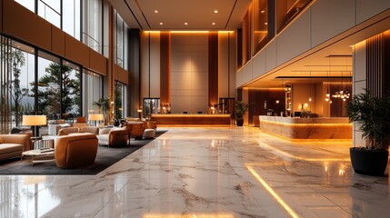 Luxurious hotel lobby with marble floors, warm lighting, and comfortable seating