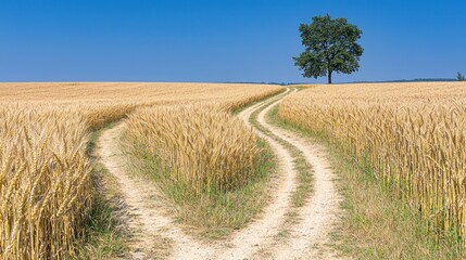 Fototapeta premium Two paths through a golden wheat field under a clear sky.