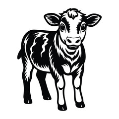 A happy baby cow Vector, drawn in a woodcut style with simple line art
