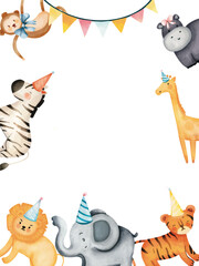 Hand drawn Watercolor frame of safari animals Birthday Party, Safari Animals Birthday Party, African Animals Party, for baby nurseries, birthday card, or baby shower