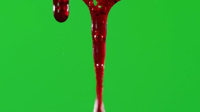 Dripping red liquid resembling blood on a green screen for horror or thriller effects, perfect for compositing