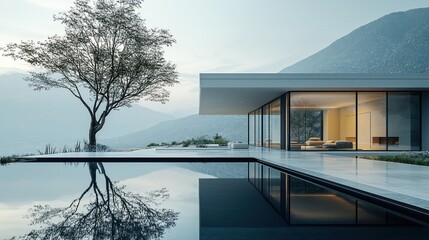 Fototapeta premium Modern, minimalist home with pool, mountain view