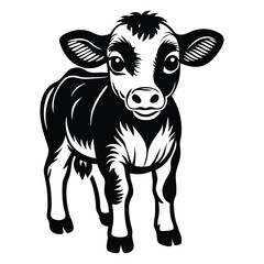 A happy baby cow Vector, drawn in a woodcut style with simple line art