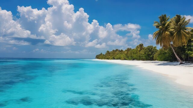 Idyllic tropical beach scene featuring turquoise waters white sand and palm trees under a blue sky - Powered by Adobe