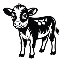 A happy baby cow Vector, drawn in a woodcut style with simple line art