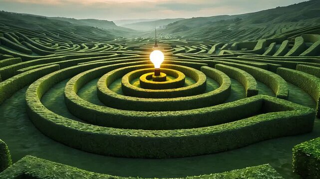 Aerial view of a green spiral hedge maze in a vast landscape with a glowing light bulb at the center during cloudy daylight


