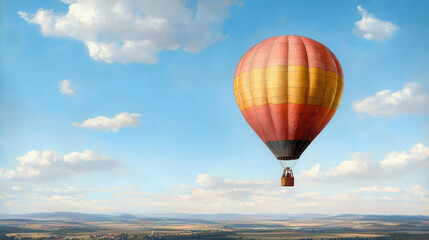 Fototapeta premium Vibrant hot air balloon floats gracefully clear blue sky, surrounded by picturesque landscapes and fluffy clouds, evoking sense of adventure