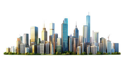 Panoramic View of Modern City Skyline Isolated on Transparent Background

