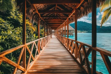 Wooden walkway leading to tropical paradise