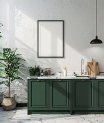 poster wooden frame mockup, kitchen mockup, modern green kitchen interior