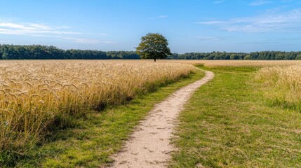 Golden wheat field path under a clear sky.