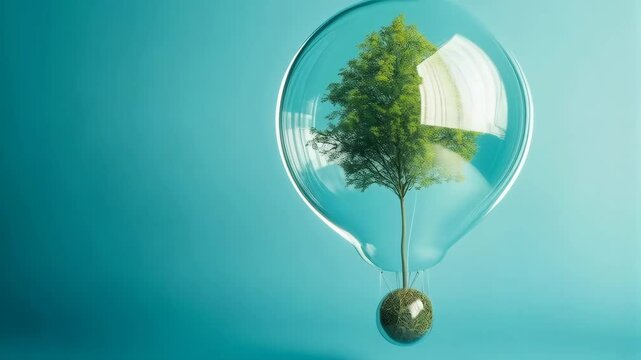 Surreal tree inside a glass bubble with green mossy sphere attached on teal background representing green living, nature conservation.
