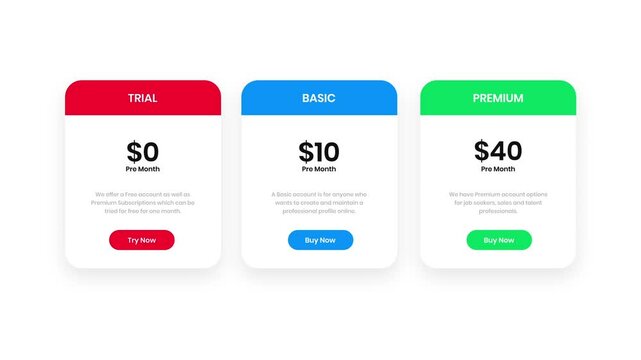 Colorful Subscription Pricing Tiers with Trial Basic and Premium Options Displayed