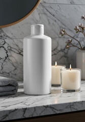 Empty bottle, candles, marble