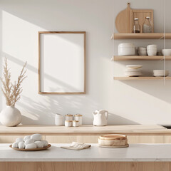 photo frame mock up in minimalist white kitchen interior with wooden accent. mockup