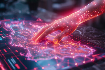 Hand interacting with a glowing futuristic holographic interface, representing smart city technology, big data visualization, and advanced AI-driven urban planning systems
