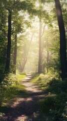 Obraz premium Sunlit Green and Golden Forest Path Through Lush Woodland