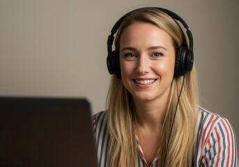 A smiling blond woman is wearing headphones and looking at a laptop screen